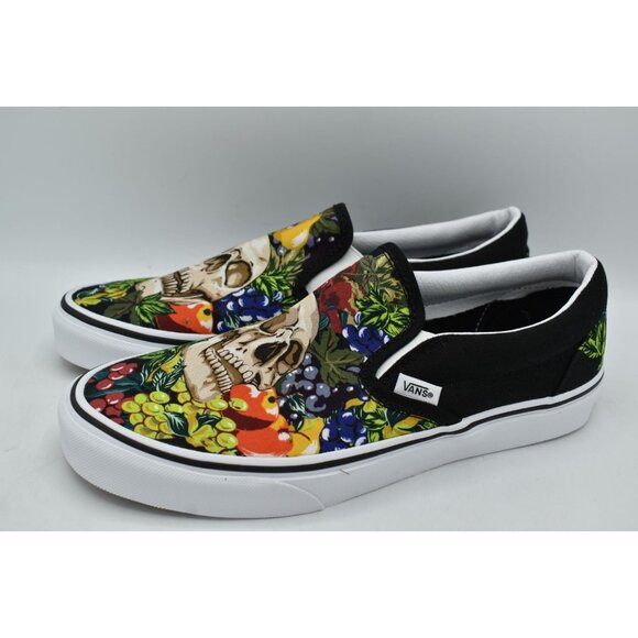 Vans Womens Size 10 Black White Fruit Skull Classic Slip On Sneakers Shoes - Picture 2 of 13